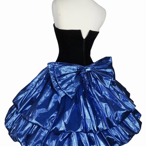 Vintage 80s Metallic Blue Lamé Foil Black Velvet Strapless Double Bubble Skirt Prom Party Dress XS Extra Small BEST Costume Dance Glam Queen image 7