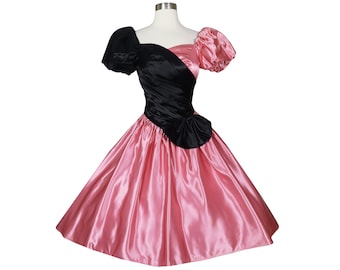 Vintage 80s Pink Black Satin Taffeta Puff Sleeve Bow Hi Lo Full Skirt Hem Prom Party Dress S Small Bridesmaid Formal Dance Womens