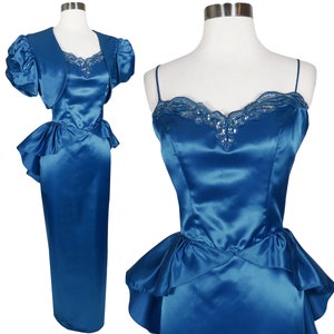 Vintage 80s Prom Party Dress M Medium Blue Satin Sequin Spaghetti Strap Peplum Long Sheath Maxi Two Piece with Bolero Jacket Eve of Milady