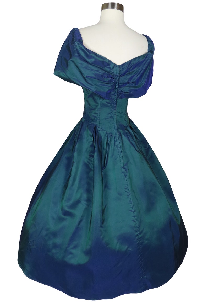 Vintage 80s 90s Dark Blue Green Iridescent Taffeta Full Skirt Bow Prom Party Dress S Small Alfred Angelo Bridesmaid Formal Dance Costume image 4