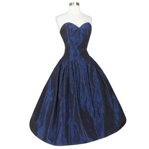 Vintage 80s 50s Navy Blue Taffeta Sweetheart Strapless Full Skirt Prom Party Dress S Small Low Back Classic New Look Rockabilly Pinup Swing image 1