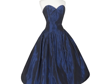 Vintage 80s 50s Navy Blue Taffeta Sweetheart Strapless Full Skirt Prom Party Dress S Small Low Back Classic New Look Rockabilly Pinup Swing