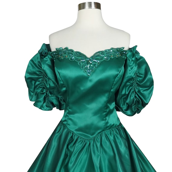 Vintage 80s Green Satin Puff Sleeve Full Skirt Pr… - image 6