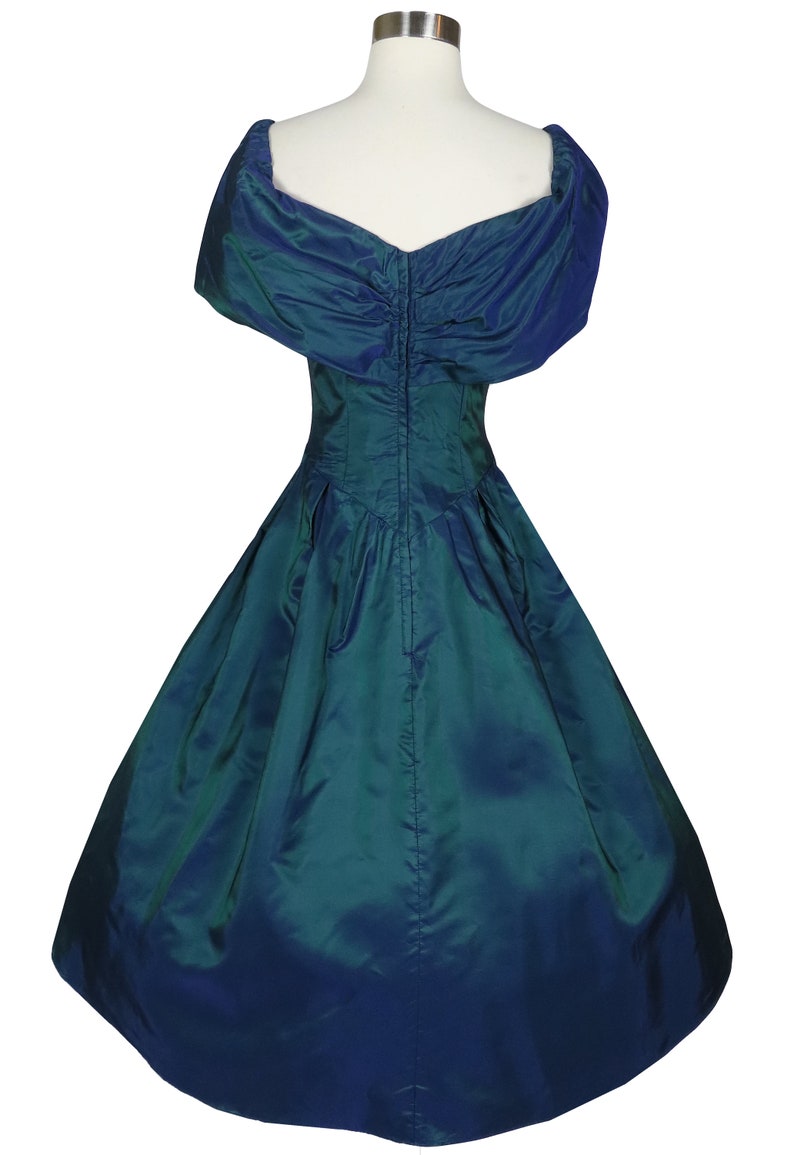 Vintage 80s 90s Dark Blue Green Iridescent Taffeta Full Skirt Bow Prom Party Dress S Small Alfred Angelo Bridesmaid Formal Dance Costume image 5