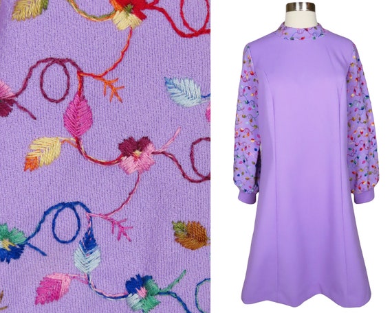 Vintage 60s MOD Lavender Embroidered Floral Long … - image 1