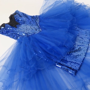 Vintage Blue Strapless Sequin 80s Prom Party Dress XS Extra Small Sheath Tiered Tulle Net Peplum Avant Garde Beaded Best Costume 1980s Queen