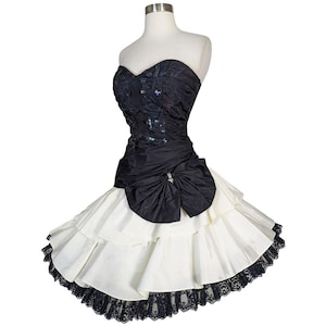Vintage 80s Strapless Black Off White Prom Party Dress S Small Taffeta Iridescent Sequin Tiered Full Skirt Costume Dance Zum Zum Ruched Glam