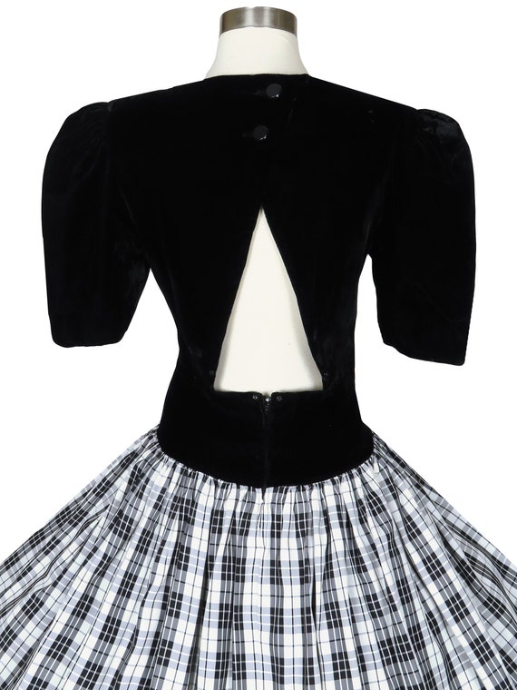 Vintage 80s Black Velvet White PLAID Taffeta Full… - image 8