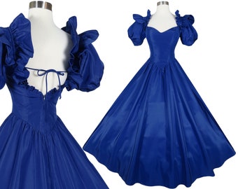 Vintage 80s Royal Blue Taffeta Puff Sleeve Ruffle Full Skirt Prom Gown Party Dress Ballgown XS Extra Small Formal Dance Costume Womens