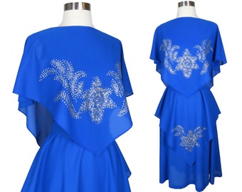 Vintage 70s Blue Scarf Handkerchief Silver Glitter Dress S Small M Medium Floral Flower Tiered Tiers Floaty Party Dress Belted Disco Dance