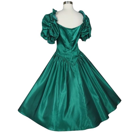 Vintage 80s Green Satin Puff Sleeve Full Skirt Pr… - image 4