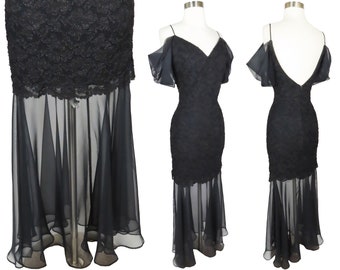 Vintage 80s 90s Black Goth Prom Party Dress S M Mermaid Sheer Chiffon Mini Skirt Maxi Grunge Aesthetic Body Con Witch Valentines Day Holiday