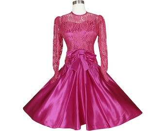 Vintage 80s Pink Fuchsia Floral Lace Satin Bow Long Sleeve Full Circle Skirt Prom Party Dress S Small Formal Dance Womens Costume Hot Pretty
