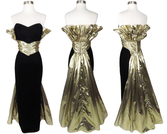 Vintage 80s 50s Black Velvet Metallic Gold Lamé S… - image 1