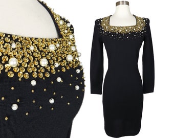 Vintage 80s Pearl Beaded Gold Sequin Black Wool Dress Beading