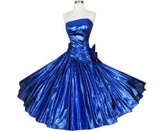 Vintage 80s Metallic Blue Prom Party Full Circle Skirt Dress XS Extra Small Strapless Lamè Tissue Foil Big Bow Holiday Formal Gown Costume