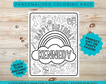 May include: A black and white printable coloring page featuring a rainbow with a cloud that says "KENNEDY" and the words "HAPPY BIRTHDAY". The page is filled with birthday-themed illustrations, including presents, balloons, cake, and a party hat.