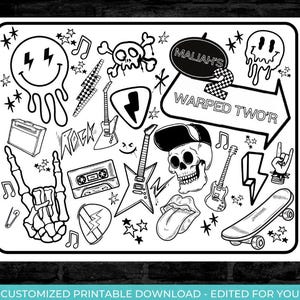 May include: Black and white printable coloring page with a rock and roll theme. The page features a skull, a guitar, a skateboard, a smiley face, and the text "Warped Two'r".