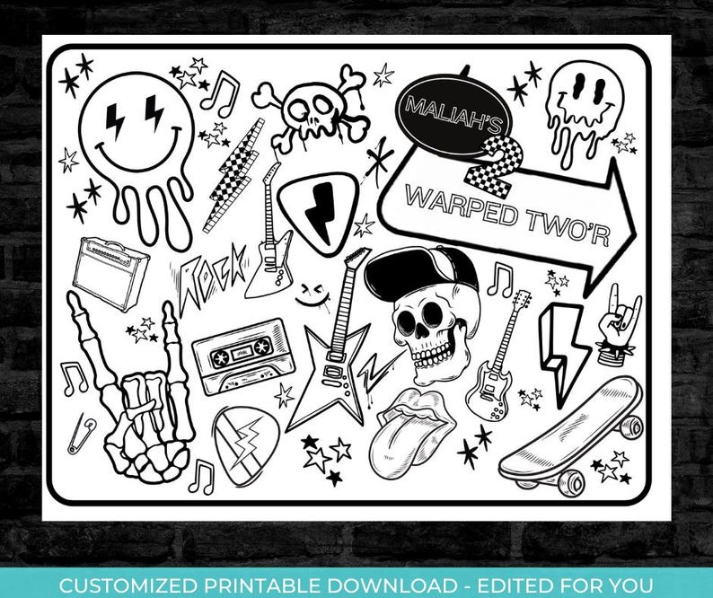May include: Black and white printable coloring page with a rock and roll theme. The page features a skull, a guitar, a skateboard, a smiley face, and the text "Warped Two'r".