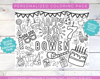 Página para colorear de feliz cumpleaños, página para colorear personalizada, cumpleaños, regalo de cumpleaños para niños, favores de fiesta personalizados, coloración para niños