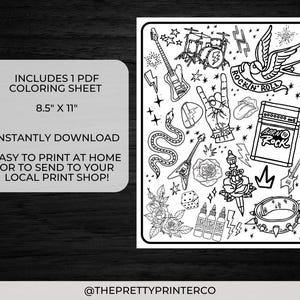 May include: Black and white coloring page featuring a rock and roll theme with images of a guitar, snake, rose, dagger, crown, and an amp with the text "Born to Rock".
