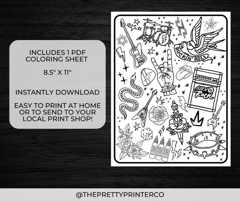 May include: Black and white coloring page featuring a rock and roll theme with images of a guitar, snake, rose, dagger, crown, and an amp with the text "Born to Rock".