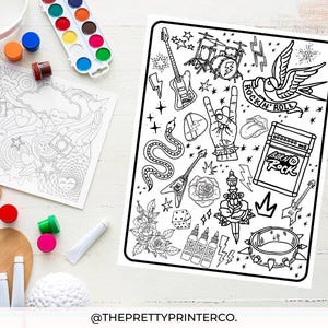 May include: Black and white coloring page featuring a variety of rock and roll themed illustrations, including a guitar, a snake, a microphone, a dagger, a crown, a bird, a hand with the rock and roll hand gesture, and the text "Rockin' Roll" and "Born to Rock".