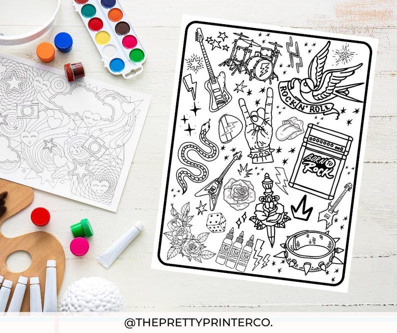 May include: Black and white coloring page featuring a variety of rock and roll themed illustrations, including a guitar, a snake, a microphone, a dagger, a crown, a bird, a hand with the rock and roll hand gesture, and the text "Rockin' Roll" and "Born to Rock".