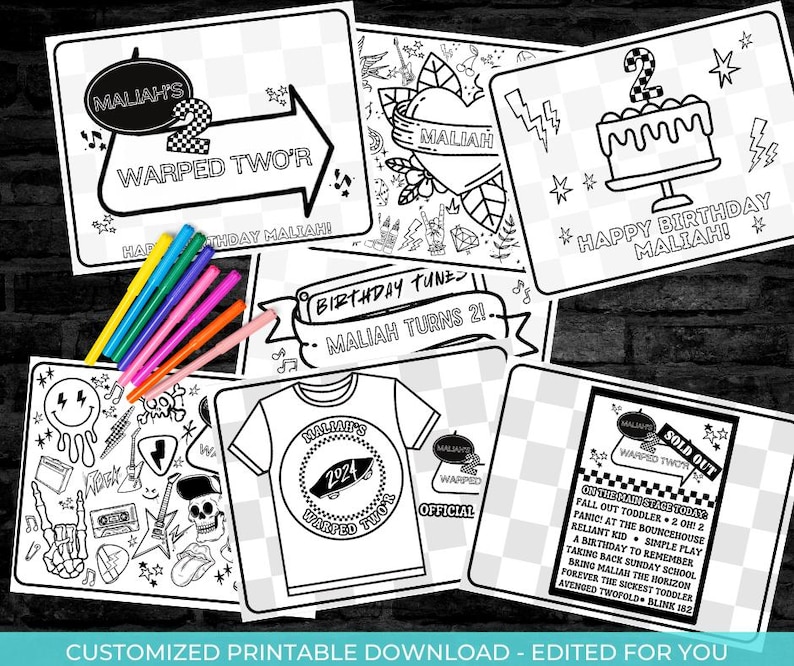 May include: Black and white printable coloring pages for a birthday party. The pages feature a birthday cake, a heart with the name "MALIAH" inside, a t-shirt with the text "MALIAH'S WARPED TWO'R 2024", and a sign that says "SOLD OUT" with the text "WARPED TWO'R".