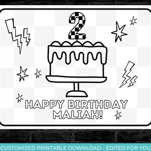 May include: A black and white printable birthday card with a checkered number two on top of a cake. The card says "Happy Birthday Maliah!"