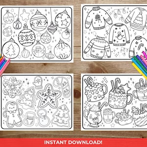 Könnte beinhalten: Vier schwarz-weiße druckbare Malvorlagen mit Weihnachtsmotiven. Die erste Seite zeigt eine Vielzahl von Ornamenten, die zweite Seite zeigt Pullover, die dritte Seite zeigt Lebkuchen und die vierte Seite zeigt Tassen mit heißer Schokolade.