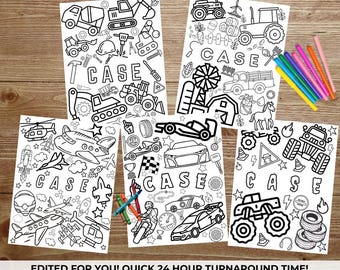 Transportation Coloring Sheets, Customized with Name, Download and Print, Monster Trucks, Farming, Racecars, Airplanes, Construction