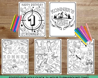 Personalized First Birthday Coloring Pages, First Hunt Theme (Digital Download)