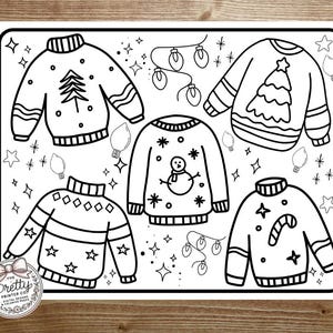 以下が含まれることがあります： クリスマスセーターのデザインが4つ描かれた白黒の塗り絵。それぞれのセーターは、クリスマスツリー、雪だるま、キャンディーケーン、幾何学模様など、ユニークなデザインになっています。ページには、クリスマスライトの飾りも描かれています。