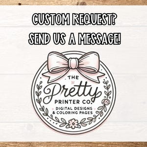 以下が含まれることがあります： ピンクのリボンと葉のリースが付いた白いロゴで、"The Pretty Printer Co. Digital Designs & Coloring Pages"というテキストが書かれています。