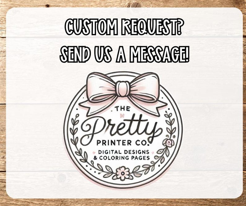 以下が含まれることがあります： ピンクのリボンと葉のリースが付いた白いロゴで、"The Pretty Printer Co. Digital Designs & Coloring Pages"というテキストが書かれています。