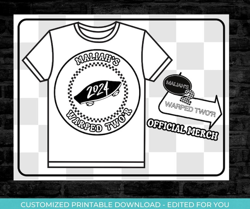 May include: Black and white printable design for a t-shirt featuring a skateboard graphic and the text "MALIAH'S WARPED TWO'R 2024".