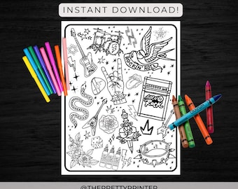 Página para colorir de tatuagem, download instantâneo, página para colorir para crianças, página para colorir para adultos, tatuagem, página para colorir Rock N Roll
