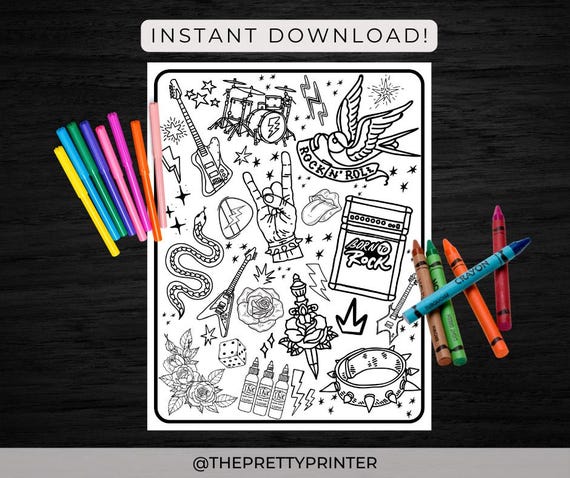 Rock N Roll Tattoo Coloring Page for Adults and Kids (Instant Download)