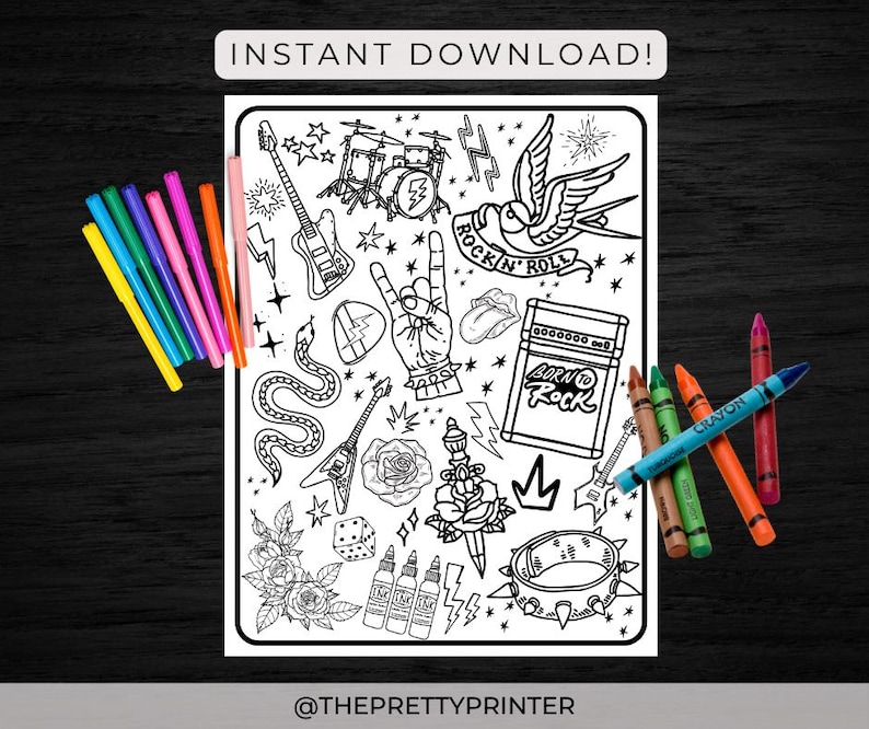 May include: Black and white printable coloring page featuring a rock and roll theme with images of a guitar, a snake, a bird, a hand making a peace sign, a microphone, a drum set, a speaker, a rose, a dagger, and a crown. The text "Rock 'n' Roll" and "Born to Rock" are included in the design.