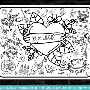 May include: A black and white coloring page featuring a heart with the name "MALIAH" inside, surrounded by various tattoo-style images including a snake, dice, a bird, a guitar, flowers, and stars. The text "ROCK N' ROLL" and "BORN TO ROCK" are also included.