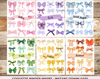 Coquette Binder Inserts, Bow, Coquette, Coquette School Aesthetic, Wording Can Be Personalized