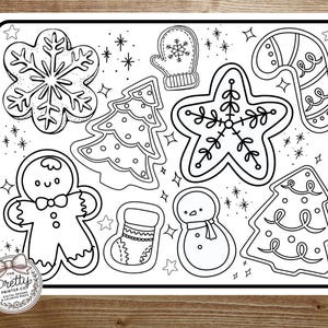 以下が含まれることがあります： クリスマスのクッキーの形をした、様々なデザインの白黒の塗り絵。ジンジャーブレッドマン、雪の結晶、星、クリスマスツリー、靴下、雪だるま、キャンディーケーンなどがあります。