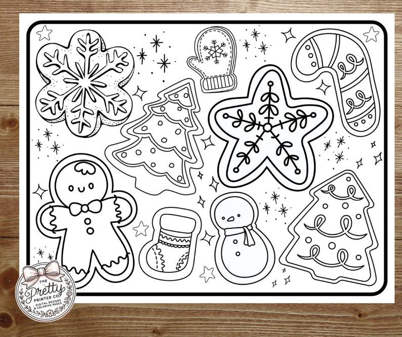 以下が含まれることがあります： クリスマスのクッキーの形をした、様々なデザインの白黒の塗り絵。ジンジャーブレッドマン、雪の結晶、星、クリスマスツリー、靴下、雪だるま、キャンディーケーンなどがあります。