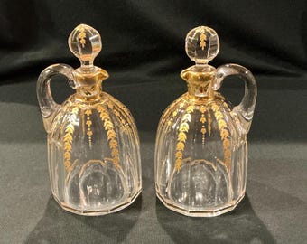 Pair of Antique 19th Century Baccarat Harcourt Aperitif Decanters Gold Bell Flower Decoration France