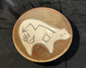 Vintage Jerry Diller Raku Pottery Dish with Native American Spirit Bear Design