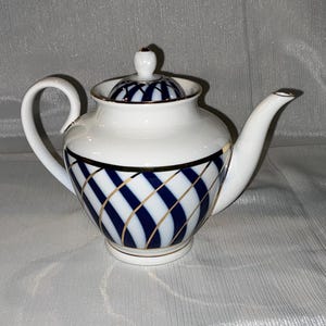 Vintage Lomonosov Porcelain St Petersburg Russia Spring Todes Teapot Decorated in Cobalt Blue and Gold