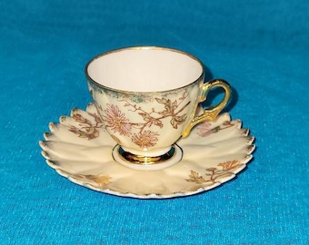Antique Miniature Porcelain Cream and Floral Cup and Saucer - Probably French