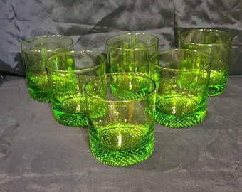 Vintage Set of 6 Mid Century Emerald Green Nubby Bottom Rocks Glasses