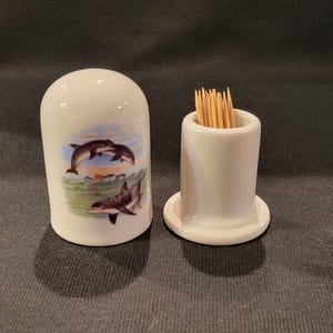 Vintage Porcelain Covered Toothpick Holder with Dolphin Design